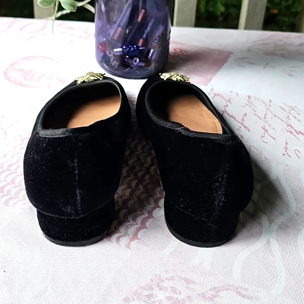 Zara Beetle Embelished Velvet Faux Pearl Ballet Flats in Black